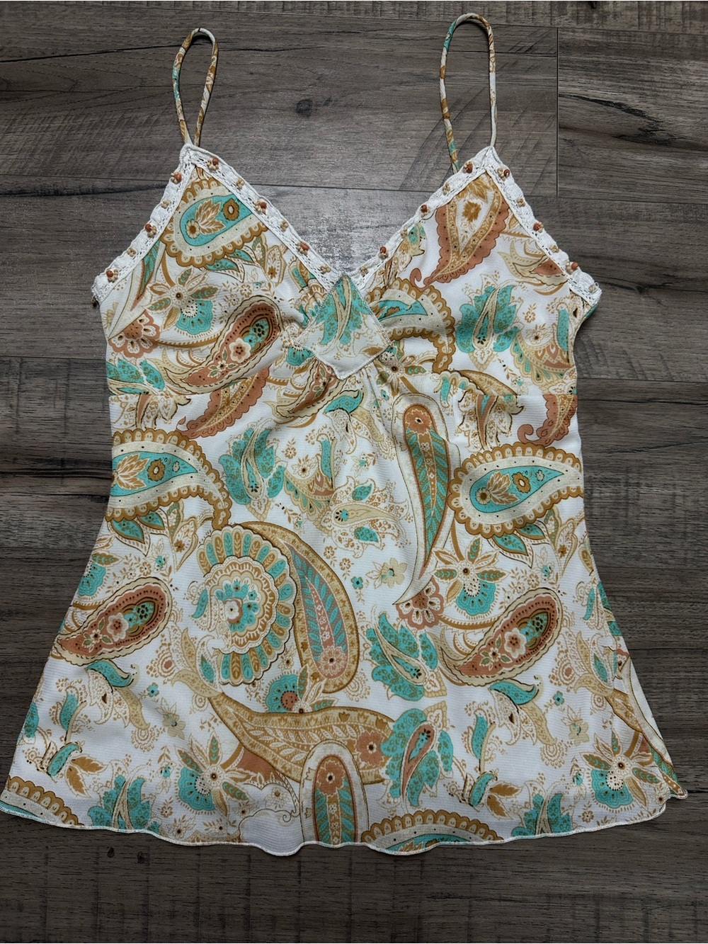 Vintage Y2K Paisley Lace Cami Top Boho Fairycore Spaghetti Strap Camisole Tank M
